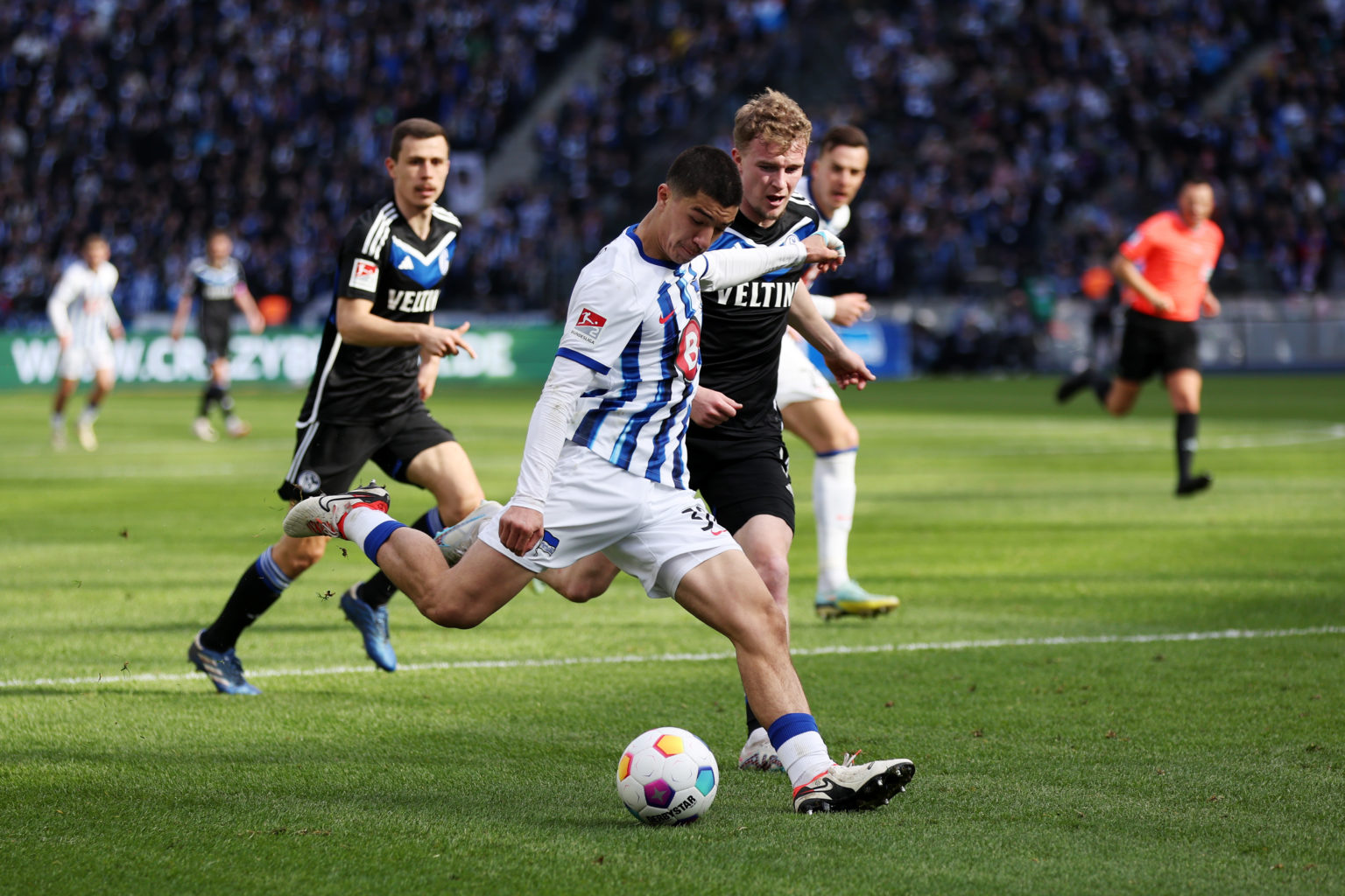 Ibrahim Maza of Hertha Berlin shoot during the Second Bundesliga match between Hertha BSC and FC Schalke 04 at Olympiastadion on March 17, 2024 in ...