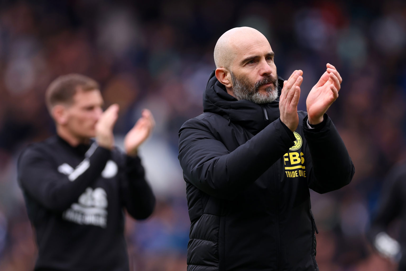 Enzo Maresca, Manager of Leicester City, applauds the fans after the team's defeat during the Emirates FA Cup Quarter Final between Chelsea FC and ...