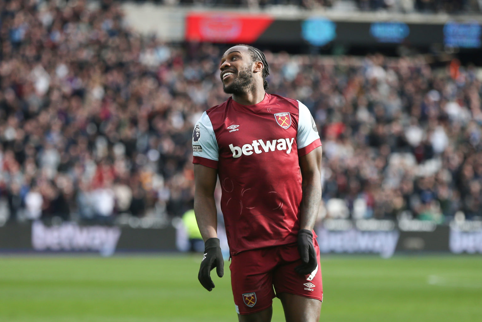 West Ham United's Michail Antonio celebrates during the Premier League match between West Ham United and Aston Villa at London Stadium on March 17,...