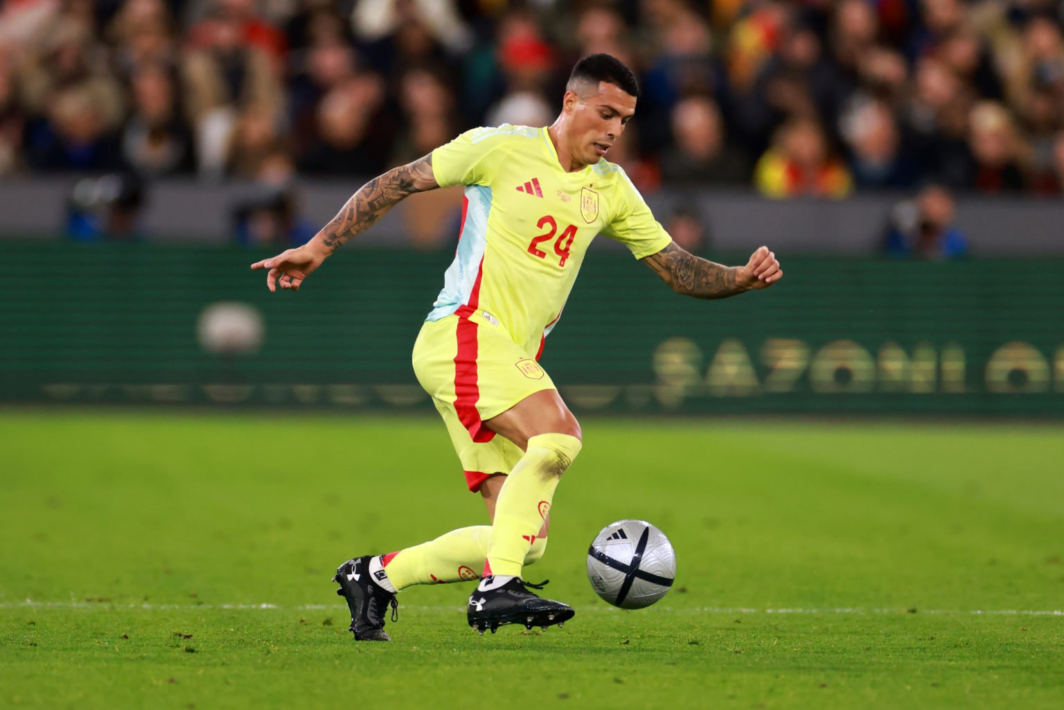 Pedro Porro of Spain during the international friendly match between Spain and Colombia at London Stadium on March 22, 2024 in London, England.