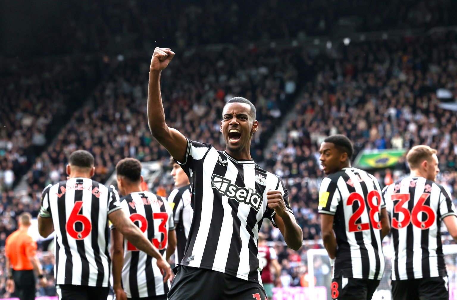 Alexander Isak of Newcastle United (14) celebrates after scoring opening goal during the Premier League match between Newcastle United and West Ham...