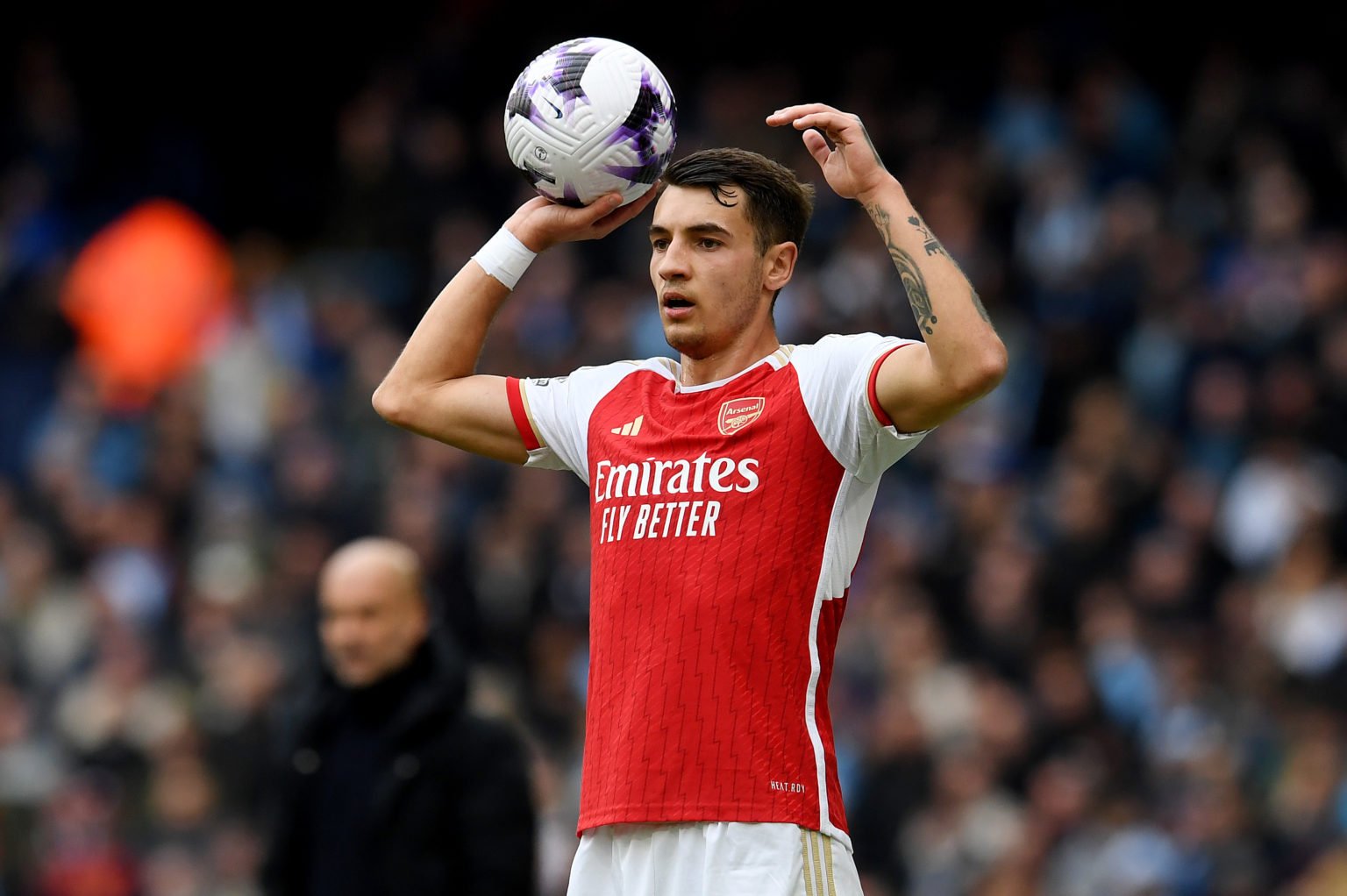 Jakub Kiwior of Arsenal takes their sides throw in during the Premier League match between Manchester City and Arsenal FC at Etihad Stadium on Marc...