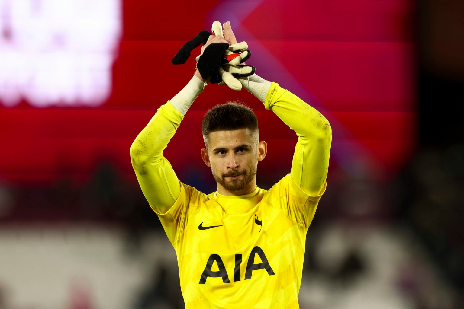 Guglielmo Vicario of Tottenham Hotspur is standing at the end of the game during the Premier League match between West Ham United and Tottenham Hot...