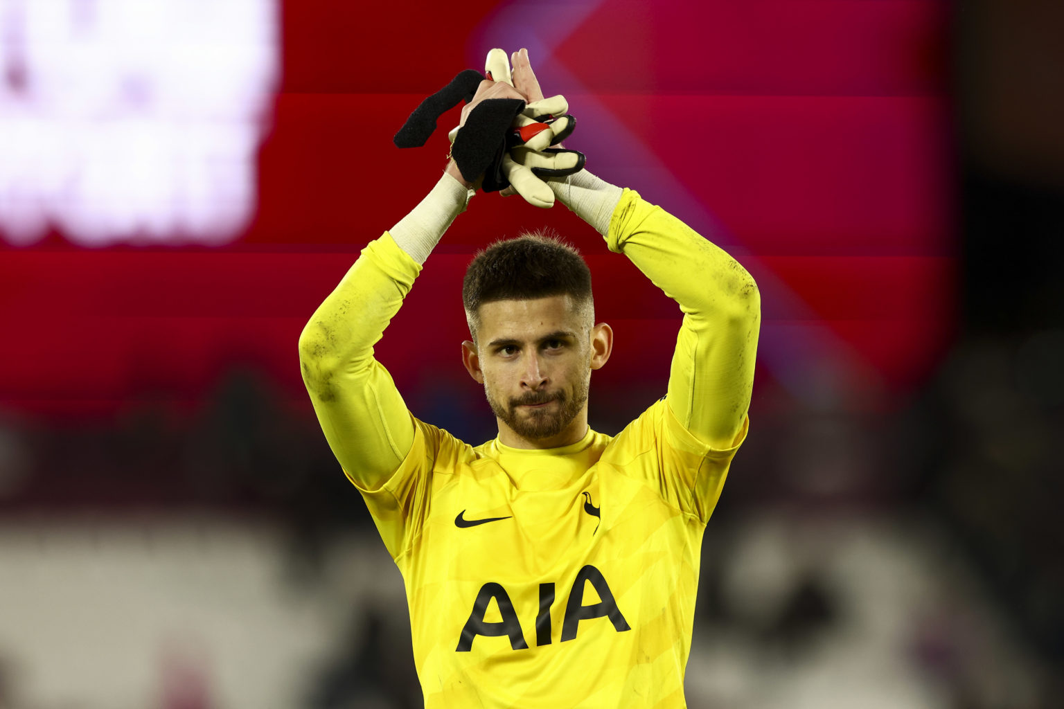 Guglielmo Vicario of Tottenham Hotspur is standing at the end of the game during the Premier League match between West Ham United and Tottenham Hot...