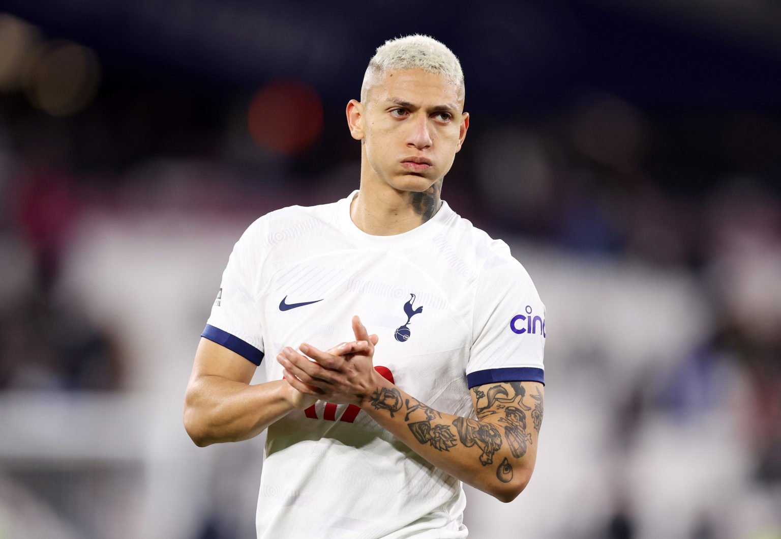 Richarlison of Tottenham Hotspur applauds the fans after the draw during the Premier League match between West Ham United and Tottenham Hotspur at ...