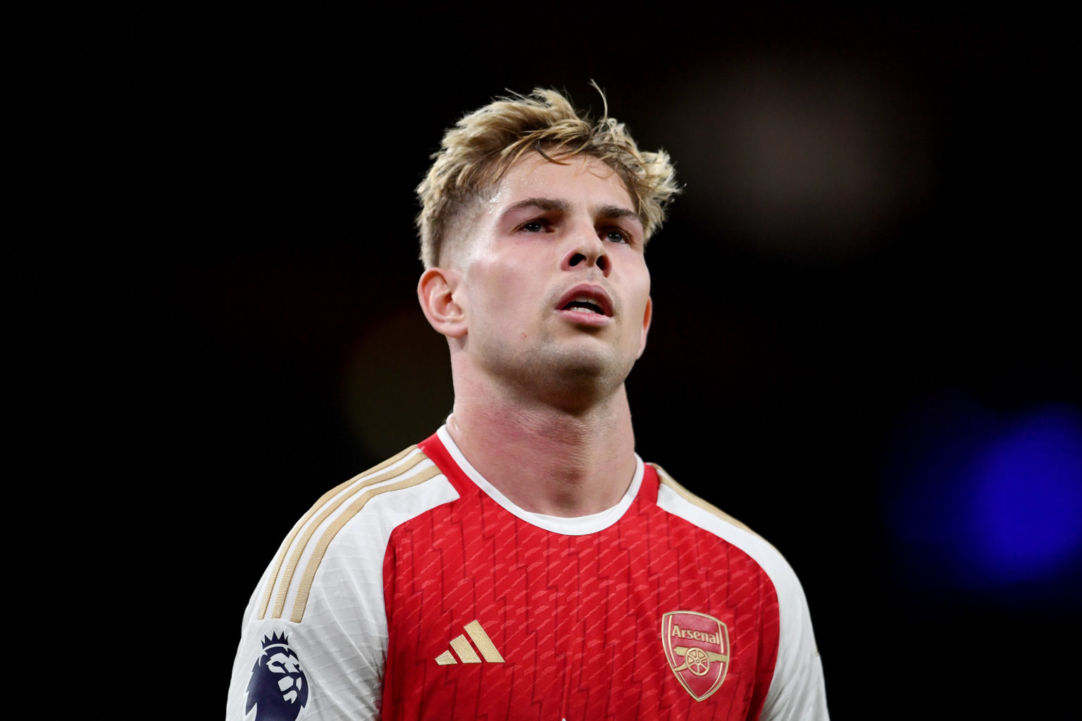 Emile Smith Rowe of Arsenal looks on during the Premier League match between Arsenal FC and Luton Town at Emirates Stadium on April 03, 2024 in Lon...