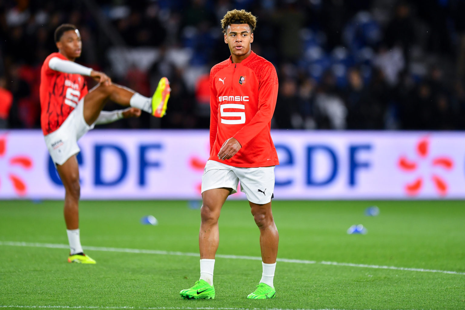 Desire Doue of Stade Rennais looks on prior to the French Cup (Coupe de France) Semi Final match between Paris Saint-Germain and Stade Rennais FC a...