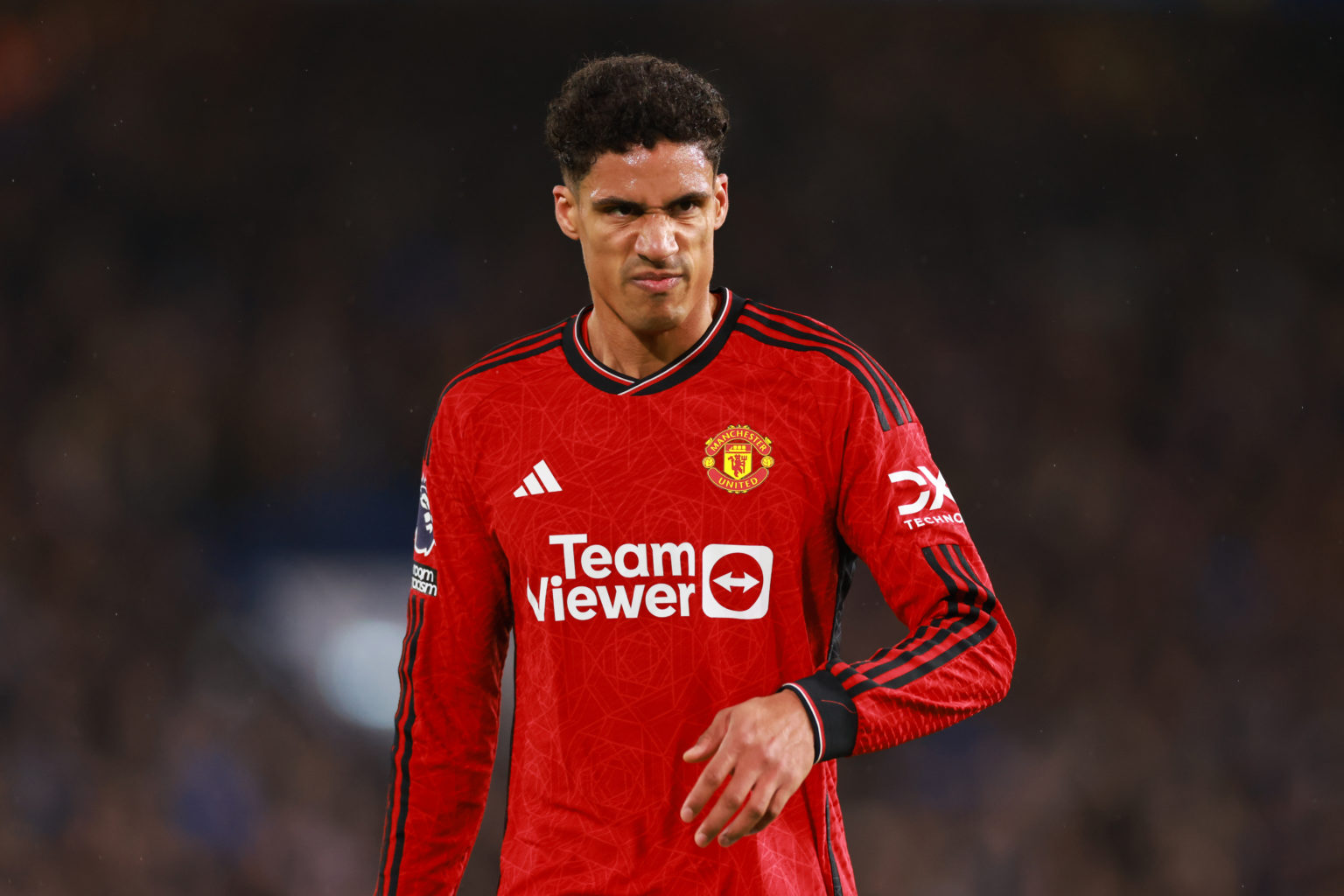 Raphael Varane of Manchester United during the Premier League match between Chelsea FC and Manchester United at Stamford Bridge on April 04, 2024 i...