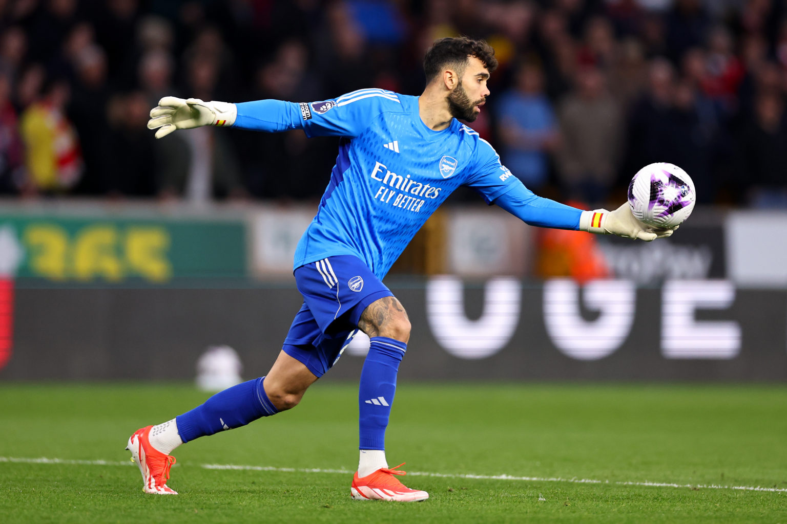 David Raya of Arsenal during the Premier League match between Wolverhampton Wanderers and Arsenal FC at Molineux on April 20, 2024 in Wolverhampton...