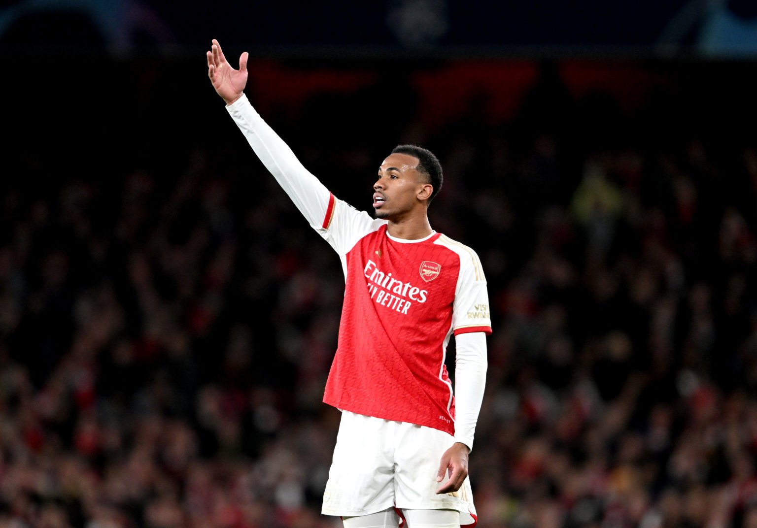 Gabriel of Arsenal reacts during the UEFA Champions League quarter-final first leg match between Arsenal FC and FC Bayern München at Emirates Stadi...