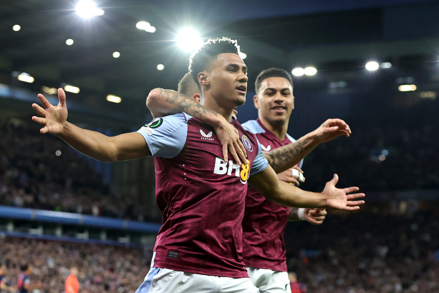 Ollie Watkins of Aston Villa celebrates scoring his team's first goal during the UEFA Europa Conference League 2023/24 Quarter-final first leg matc...