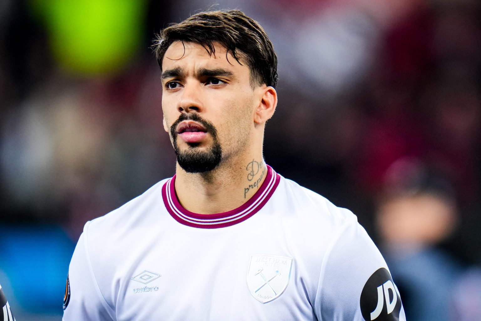 Lucas Paqueta of West Ham United looks on prior to the UEFA Europa League 2023/24 Quarter-Final first leg match between Bayer 04 Leverkusen and Wes...