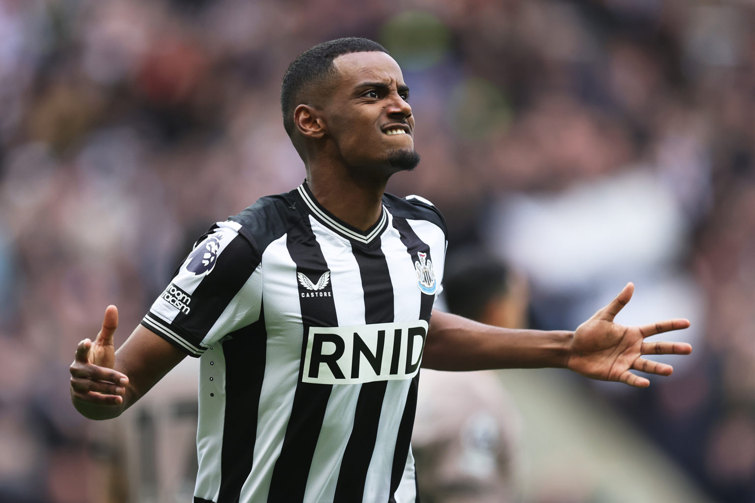 Alexander Isak of Newcastle United celebrates scoring his team's first goal during the Premier League match between Newcastle United and Tottenham ...