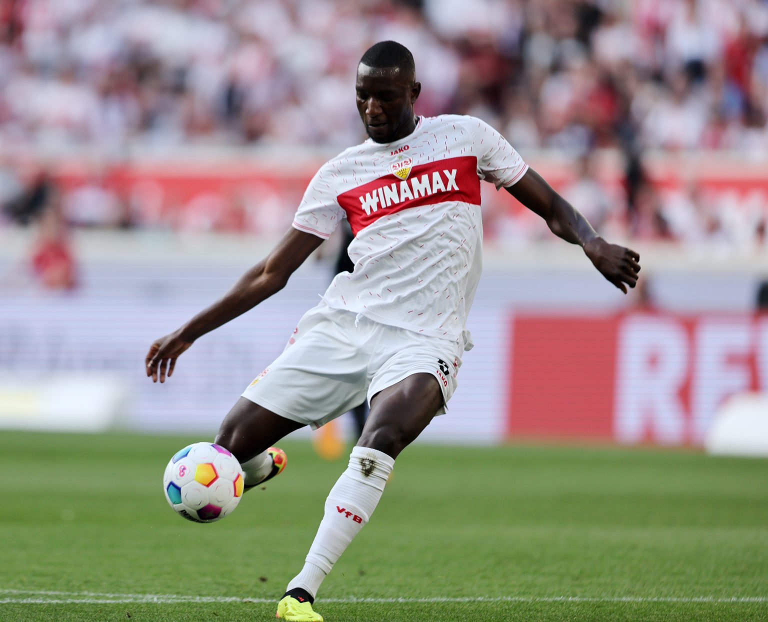 Sehrou Guirassy of VfB Stuttgart scores his team's first goal during the Bundesliga match between VfB Stuttgart and Eintracht Frankfurt at MHPArena...