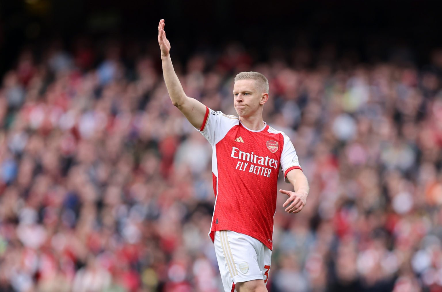 Oleksandr Zinchenko of Arsenal  during the Premier League match between Arsenal FC and Aston Villa at Emirates Stadium on April 14, 2024 in London,...