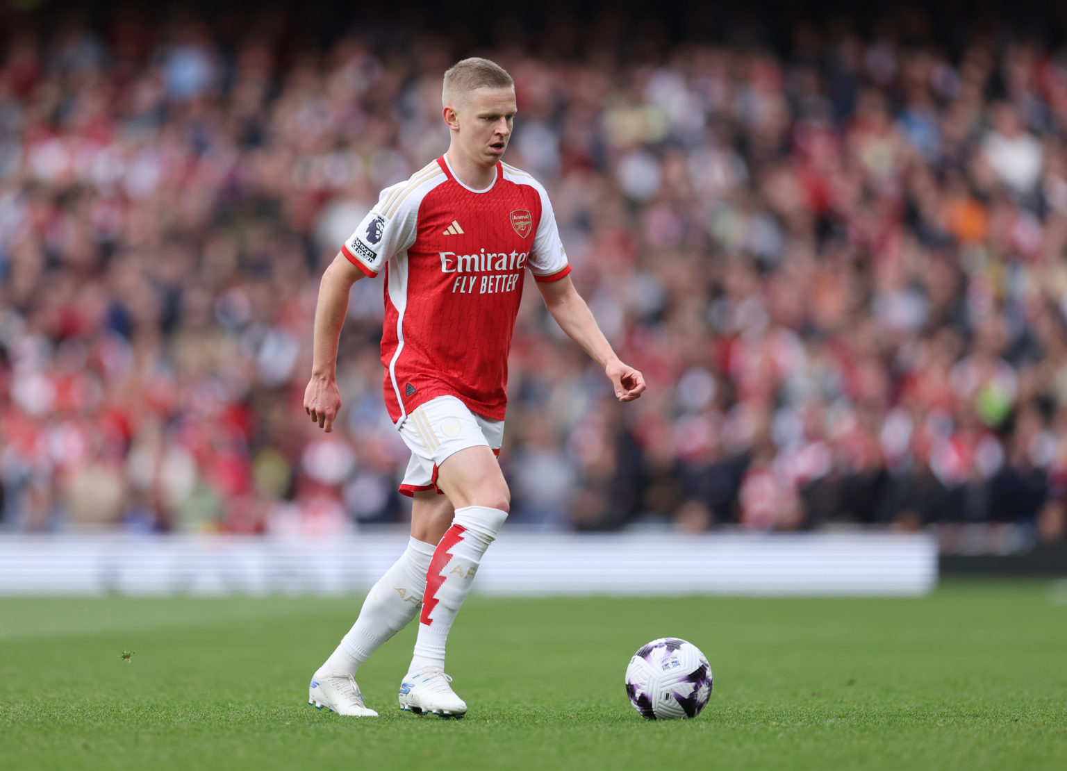 Oleksandr Zinchenko of Arsenal  during the Premier League match between Arsenal FC and Aston Villa at Emirates Stadium on April 14, 2024 in London,...