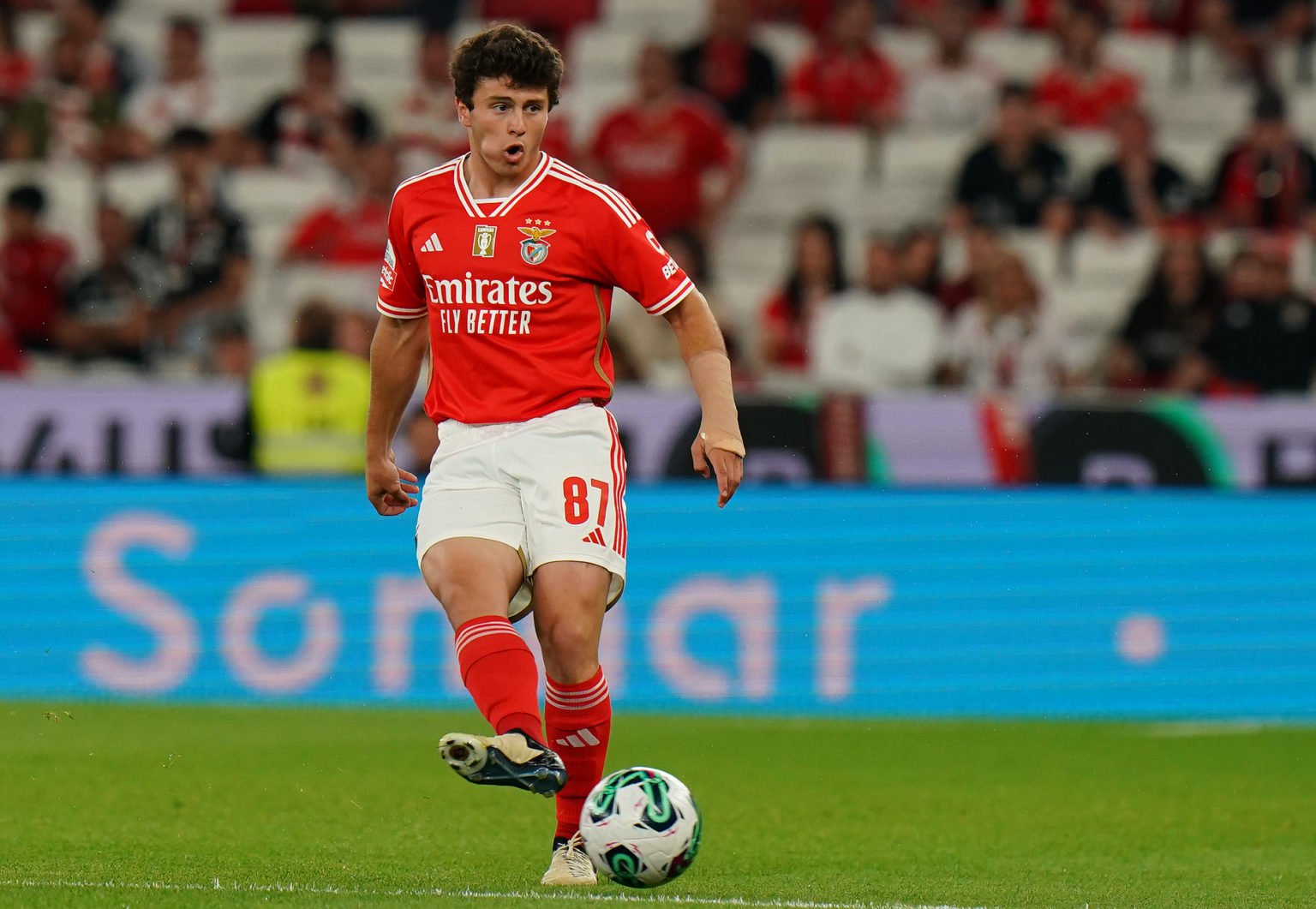 Joao Neves of SL Benfica in action during the Liga Portugal Betclic match between SL Benfica and Moreirense FC at Estadio da Luz on April 14, 2024 ...