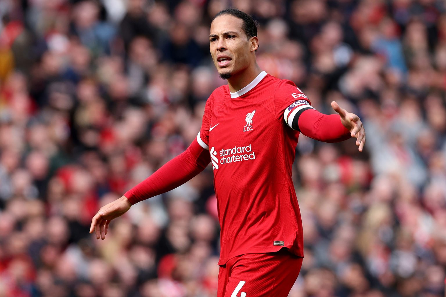 Virgil van Dijk of Liverpool in action during the Premier League match between Liverpool FC and Crystal Palace at Anfield on April 14, 2024 in Live...