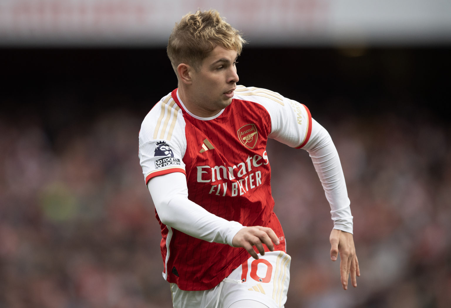 Emile Smith Rowe of Arsenal during the Premier League match between Arsenal FC and Aston Villa at Emirates Stadium on April 14, 2024 in London, Eng...