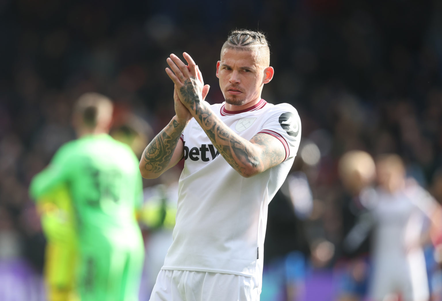 West Ham United's Kalvin Phillips applauds the fans at the final whistle during the Premier League match between Crystal Palace and West Ham United...