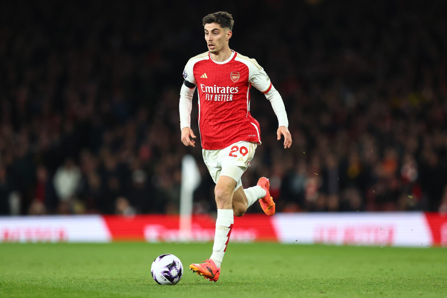 Kai Havertz of Arsenal during the Premier League match between Arsenal FC and Chelsea FC at Emirates Stadium on April 23, 2024 in London, England.