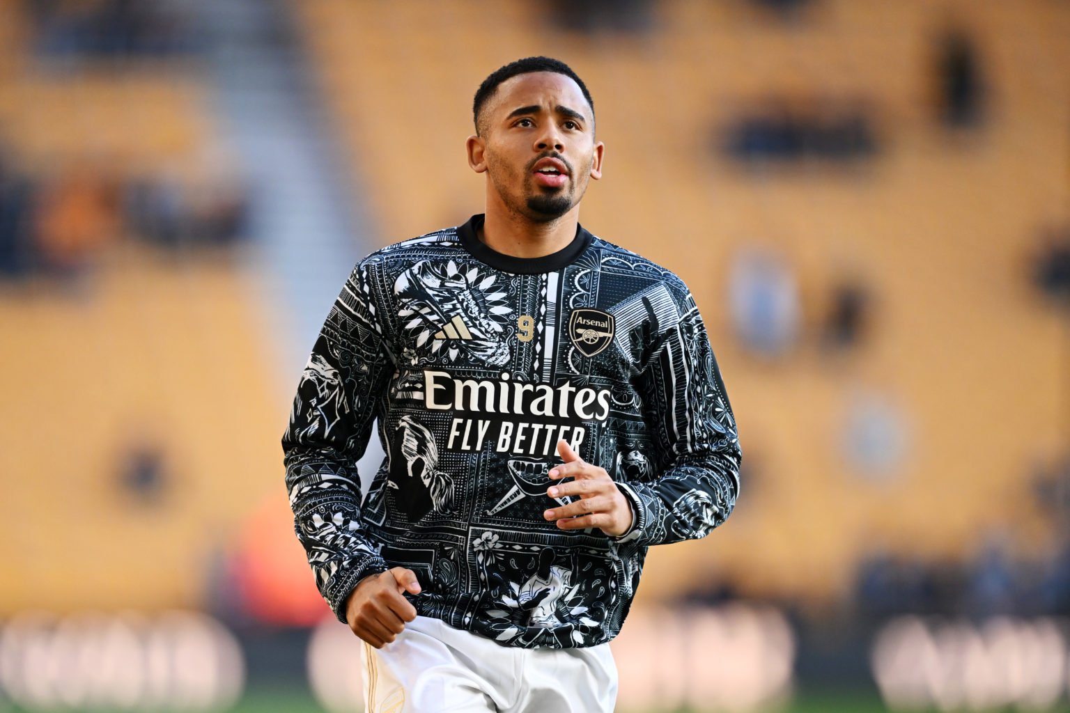 Gabriel Jesus of Arsenal looks on as he warms up prior to the Premier League match between Wolverhampton Wanderers and Arsenal FC at Molineux on Ap...