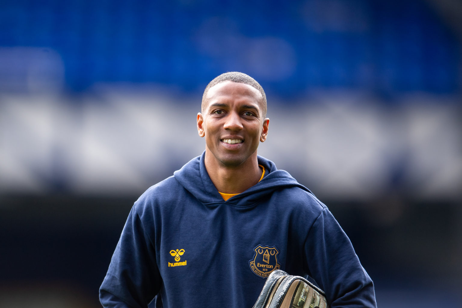 Ashley Young of Everton arrives before the Premier League match between Everton FC and Nottingham Forest at Goodison Park on April 21, 2024 in Live...