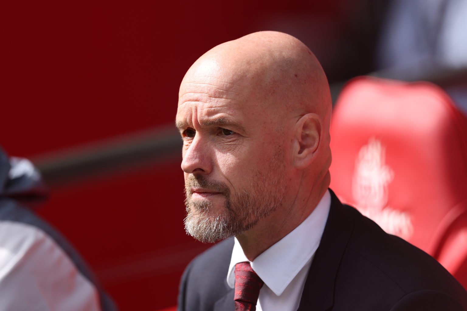 Erik ten Hag, Manager of Manchester United, looks on prior to the Emirates FA Cup Semi Final match between Coventry City and Manchester United at W...