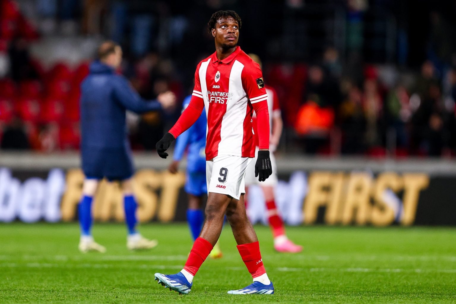 Ilenikhena George forward of Royal Antwerp FC after the Jupiler Pro League Champions' Play-Off match between Royal Antwerp FC and Royale Union Sain...