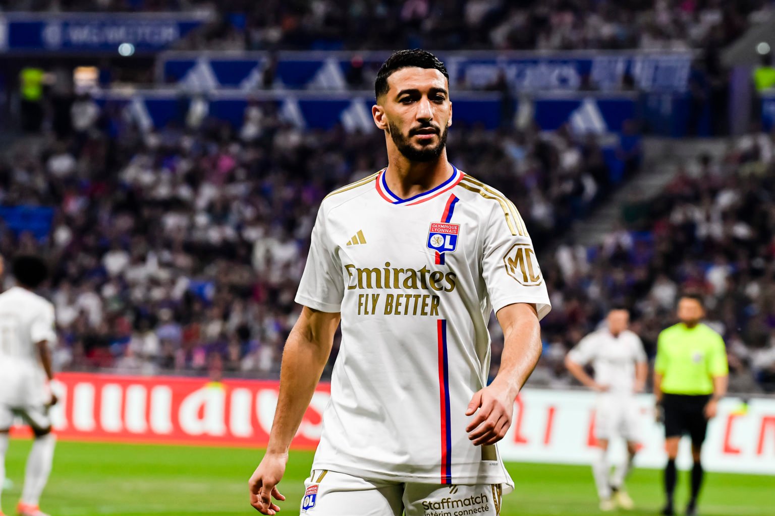 Said Benrahma of Lyon walks in the field during the Ligue 1 Uber Eats match between Olympique Lyonnais and Stade Brestois 29 at Groupama Stadium on...