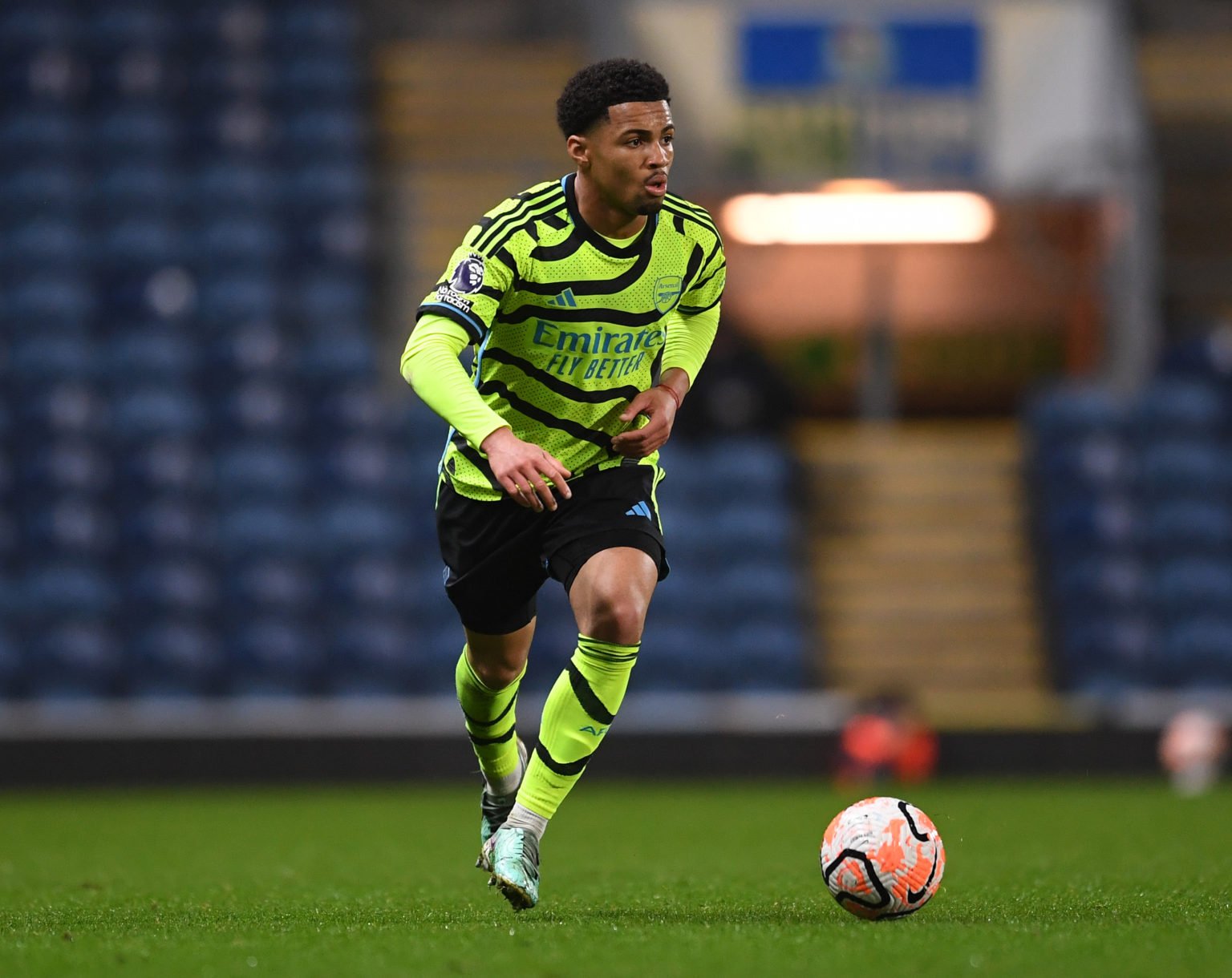 Ethan Nwaneri of Arsenal during the PL2 match between Blackburn Rovers U21 and Arsenal U21 at Ewood Park on April 22, 2024 in Blackburn, England.