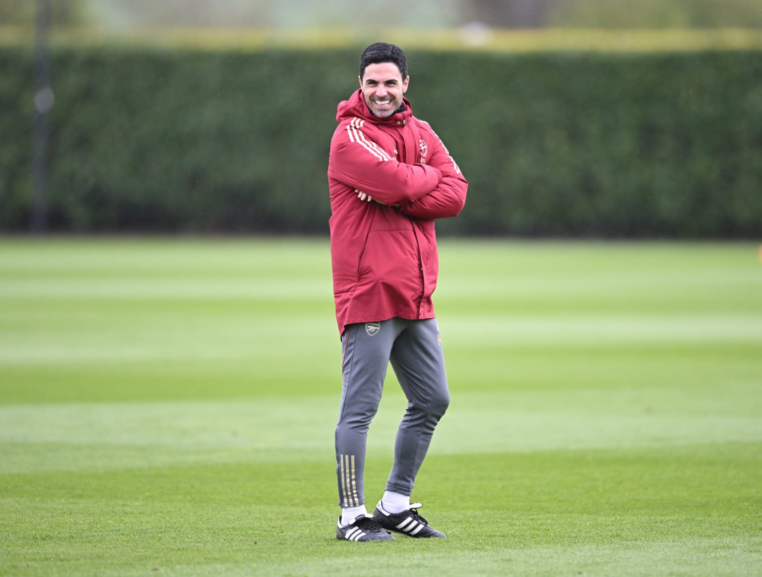 Arsenal manager Mikel Arteta during a training session at Sobha Realty Training Centre on April 22, 2024 in London Colney, England.