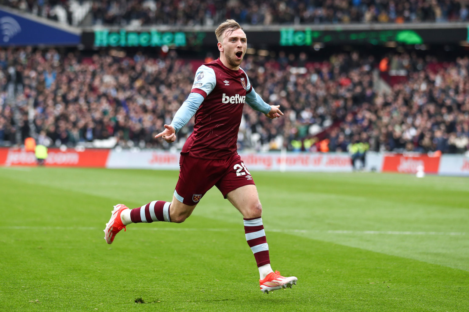 Jarrod Bowen of West Ham celebrates their first goal during the Premier League match between West Ham United and Liverpool FC at London Stadium on ...