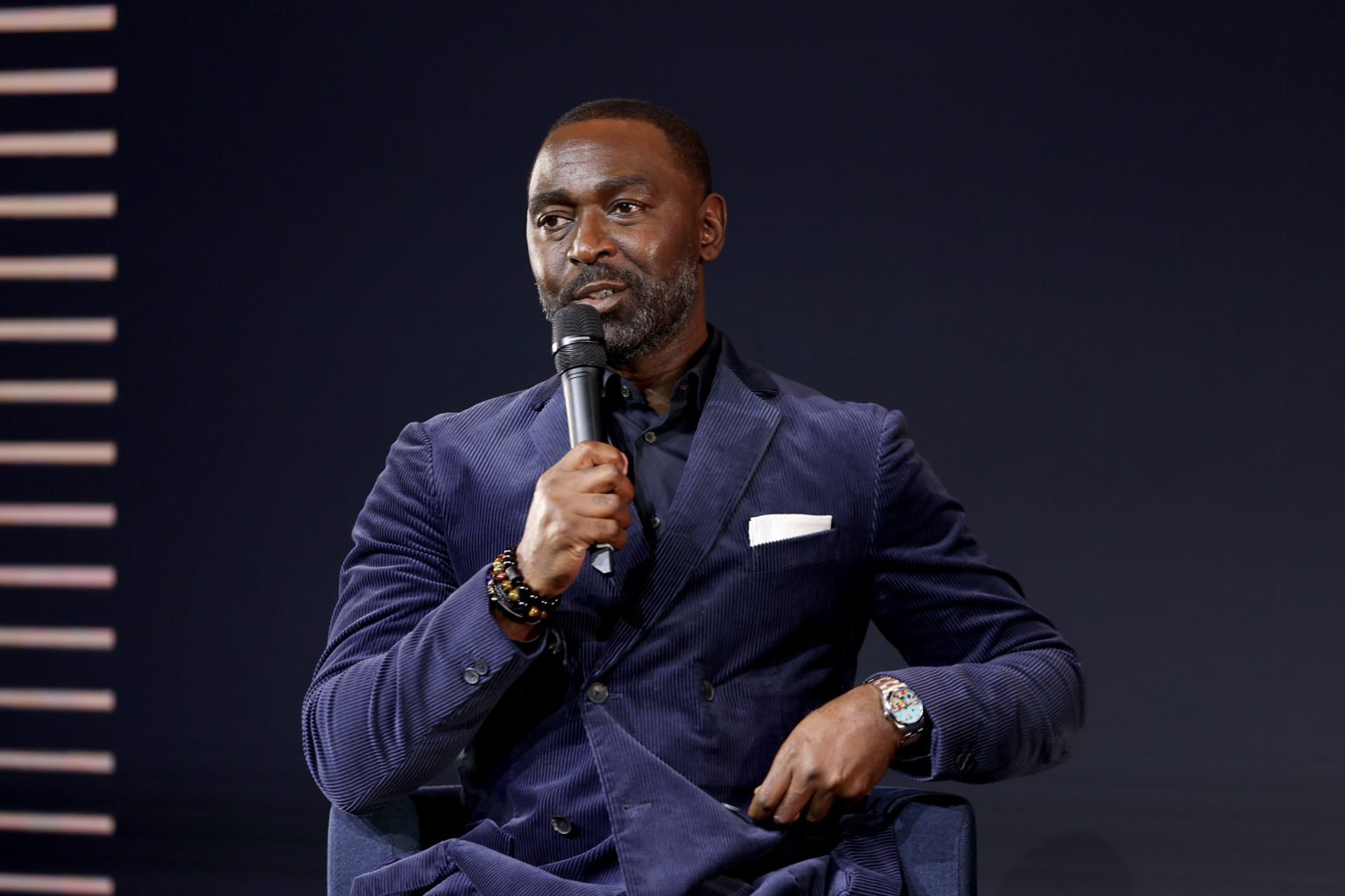 Andy Cole speaks during the Premier League Hall of Fame 2024 Inductions event at HERE at Outernet on April 23, 2024 in London, England.