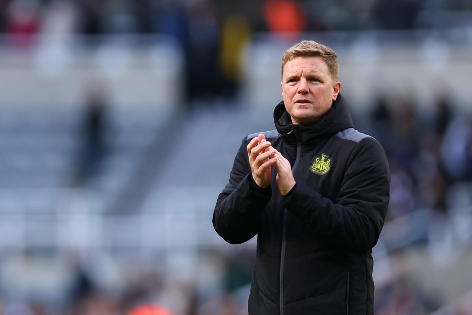 Eddie Howe the head coach / manager of Newcastle United applauds the fans at full time during the Premier League match between Newcastle United and...