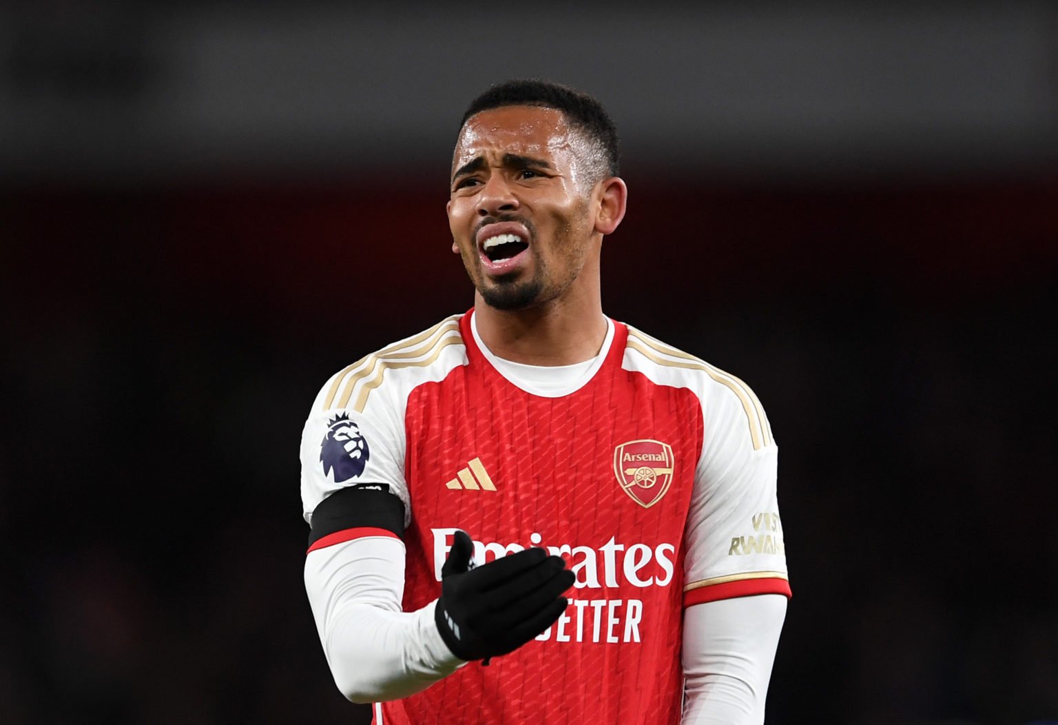 Gabriel Jesus of Arsenal reacts during the Premier League match between Arsenal FC and Chelsea FC at Emirates Stadium on April 23, 2024 in London, ...