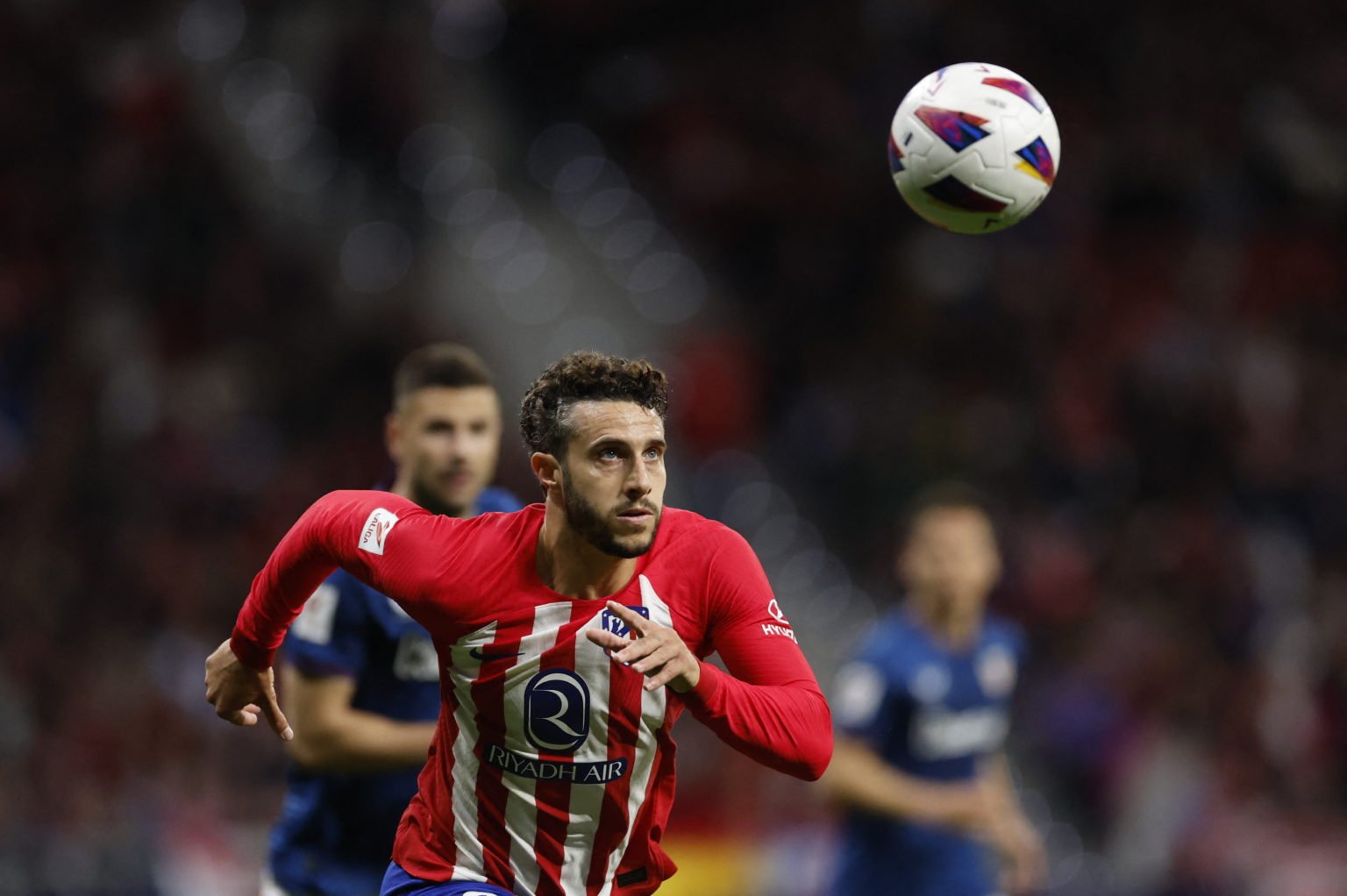 Atletico Madrid's Spanish defender #22 Mario Hermoso eyes the ball during the Spanish league football match between Club Atletico de Madrid and Ath...