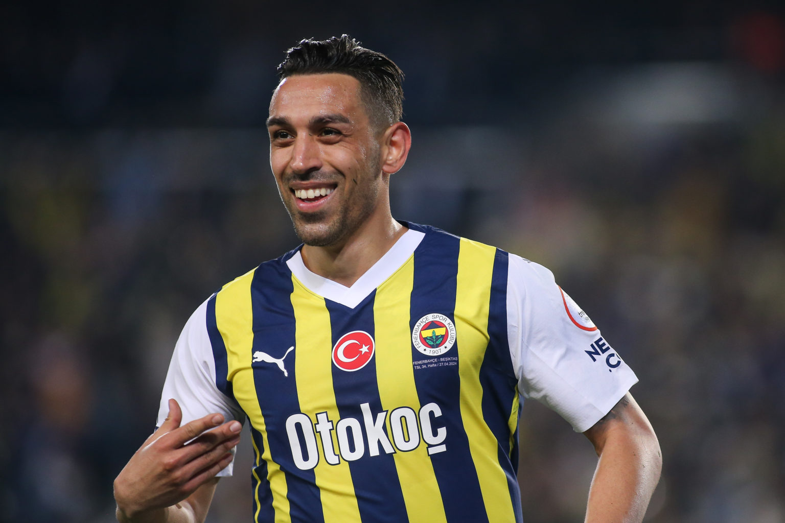 Irfan Kahveci of Fenerbahce celebrates after scoring his team's first goal during the Turkish Super League match between Fenerbahce and Besiktas at...