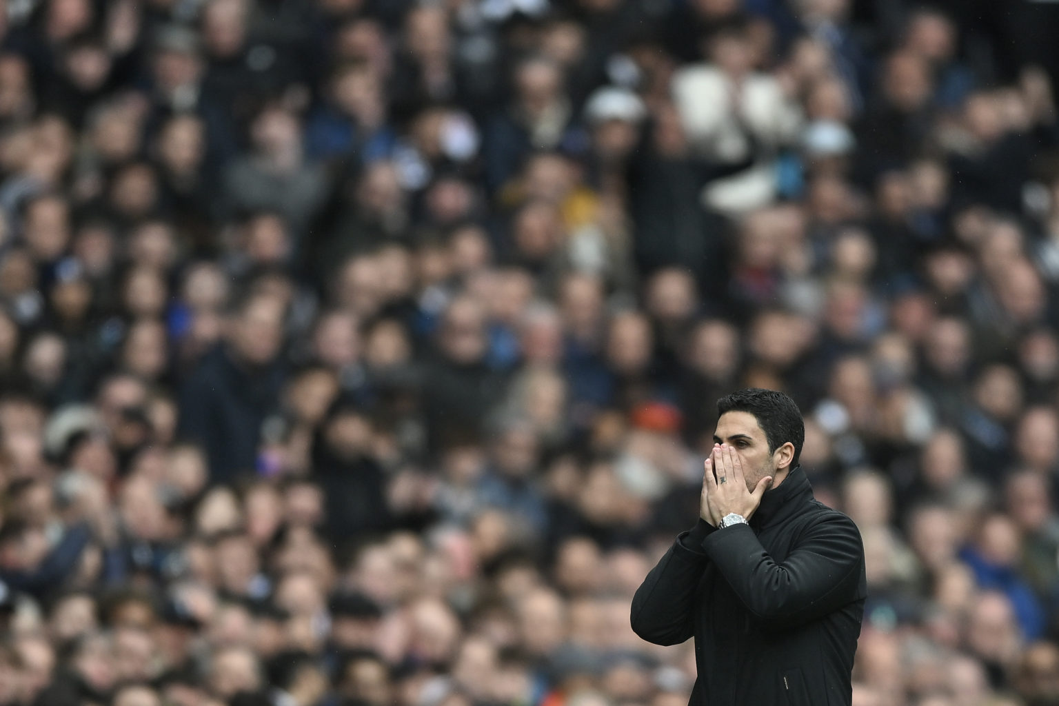 Mikel Arteta manager of Arsenal reacts during the Premier League match between Tottenham Hotspur and Arsenal FC at Tottenham Hotspur Stadium on Apr...