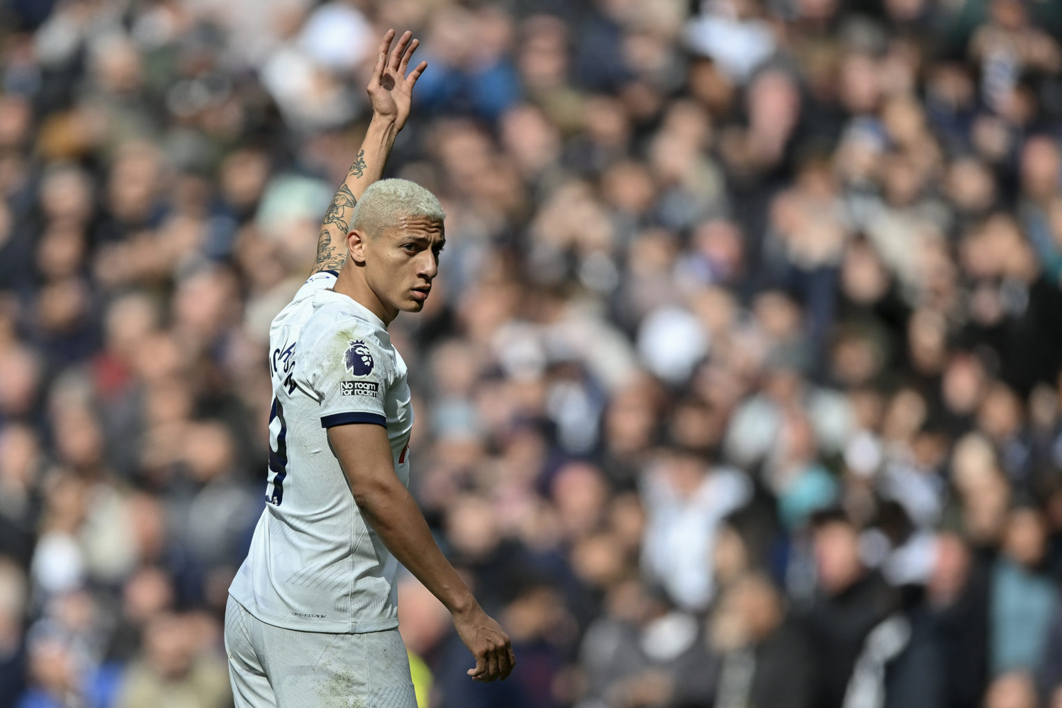 Richarlison of Tottenham Hotspur gestures during the Premier League match between Tottenham Hotspur and Arsenal FC at Tottenham Hotspur Stadium on ...