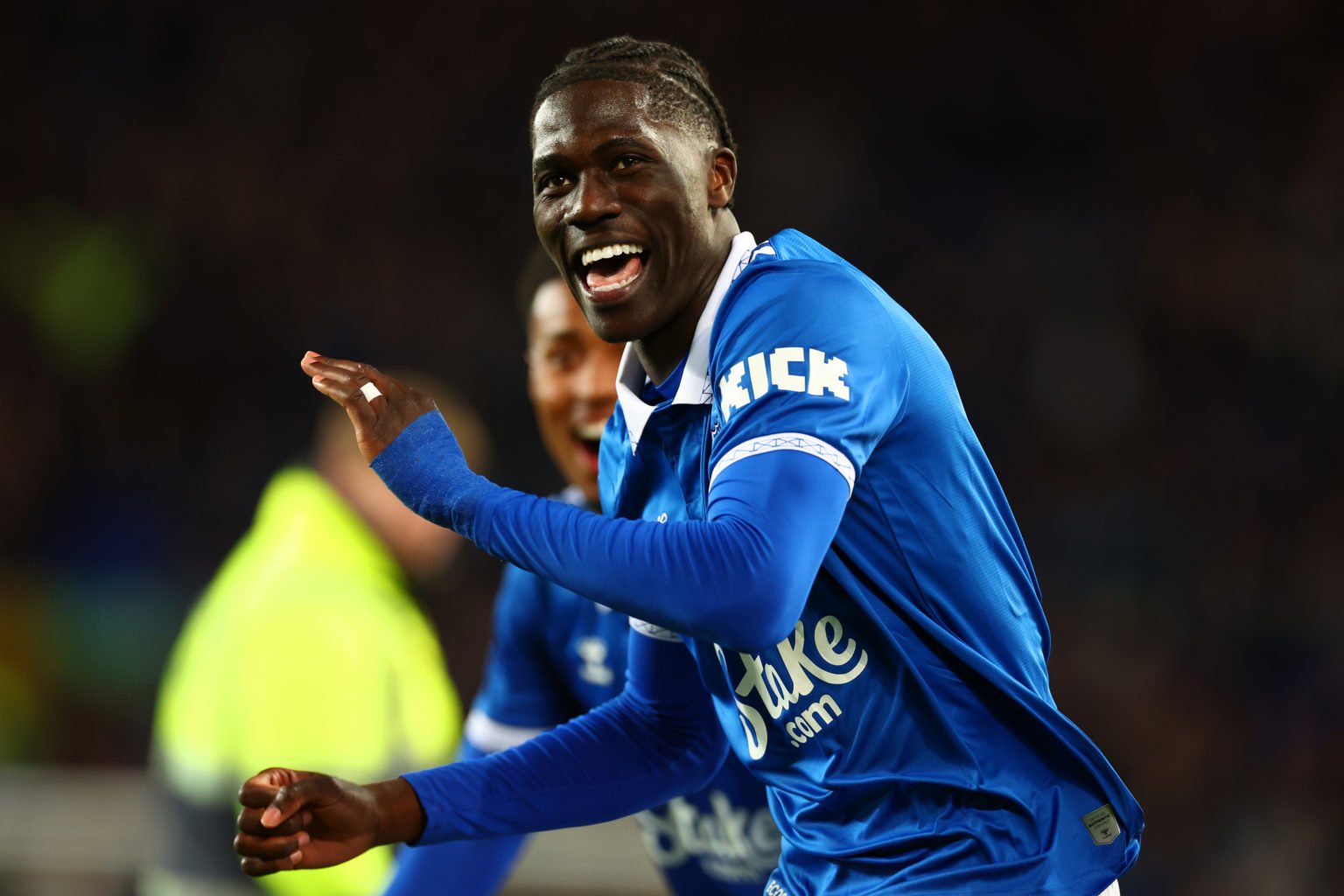 Amadou Onana of Everton salutes the supporters following the Premier League match between Everton FC and Liverpool FC at Goodison Park on April 24,...