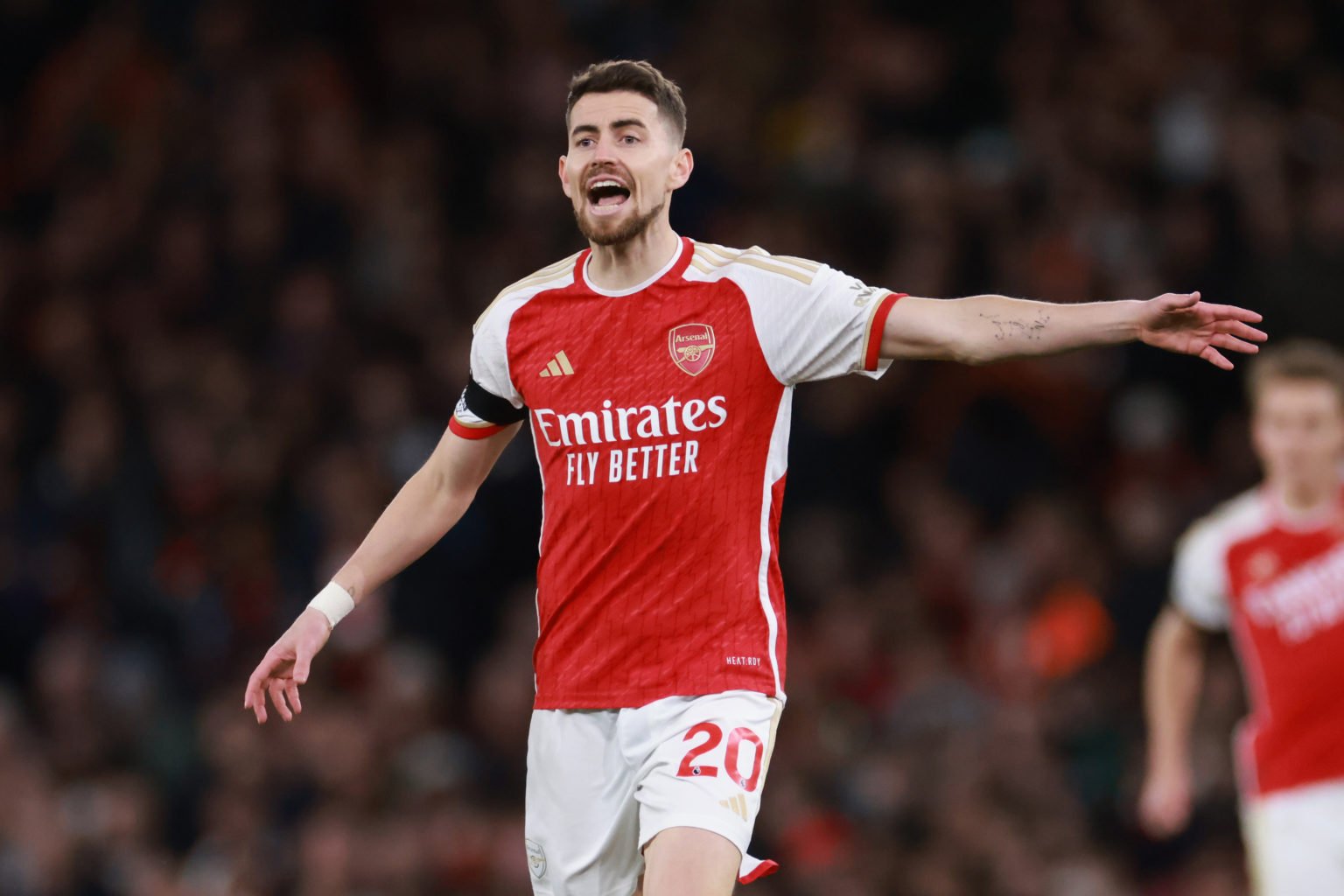 Jorginho of Arsenal during the Premier League match between Arsenal FC and Chelsea FC at Emirates Stadium on April 23, 2024 in London, England. (Ph...