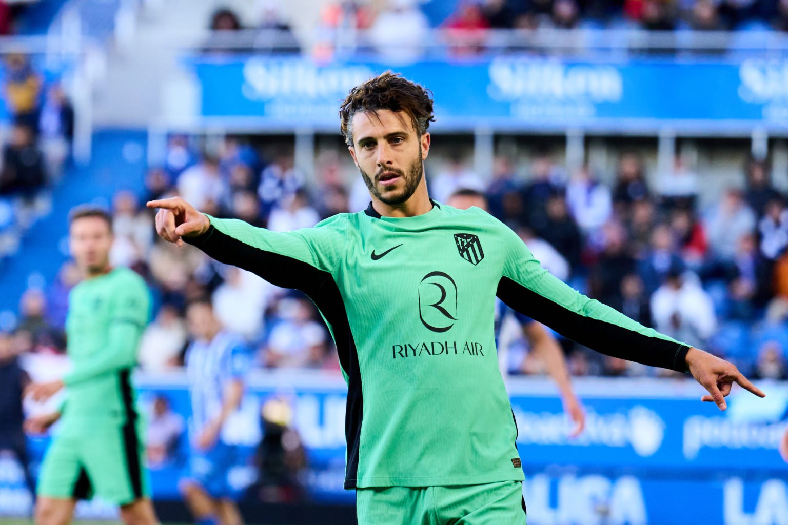 Mario Hermoso of Atletico Madrid reacts during the LaLiga EA Sports match between Deportivo Alaves and Atletico Madrid at Estadio de Mendizorroza o...