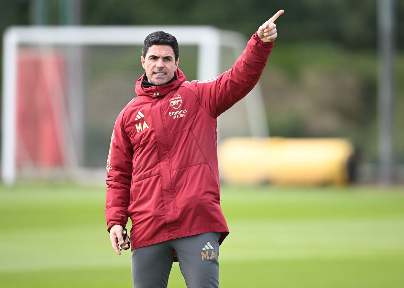 Arsenal manager Mikel Arteta during a training session at Sobha Realty Training Centre on April 26, 2024 in London Colney, England.