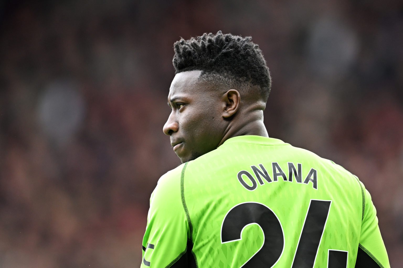 Andre Onana of Manchester United looks on during the Premier League match between Manchester United and Burnley FC at Old Trafford on April 27, 202...