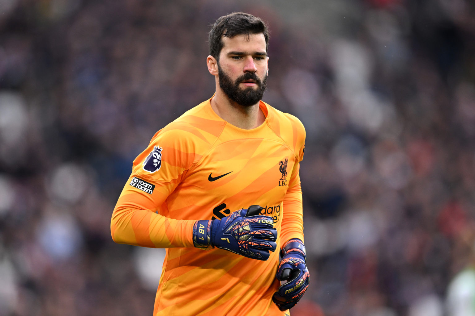 Alisson Becker of Liverpool  during the Premier League match between West Ham United and Liverpool FC at London Stadium on April 27, 2024 in London...