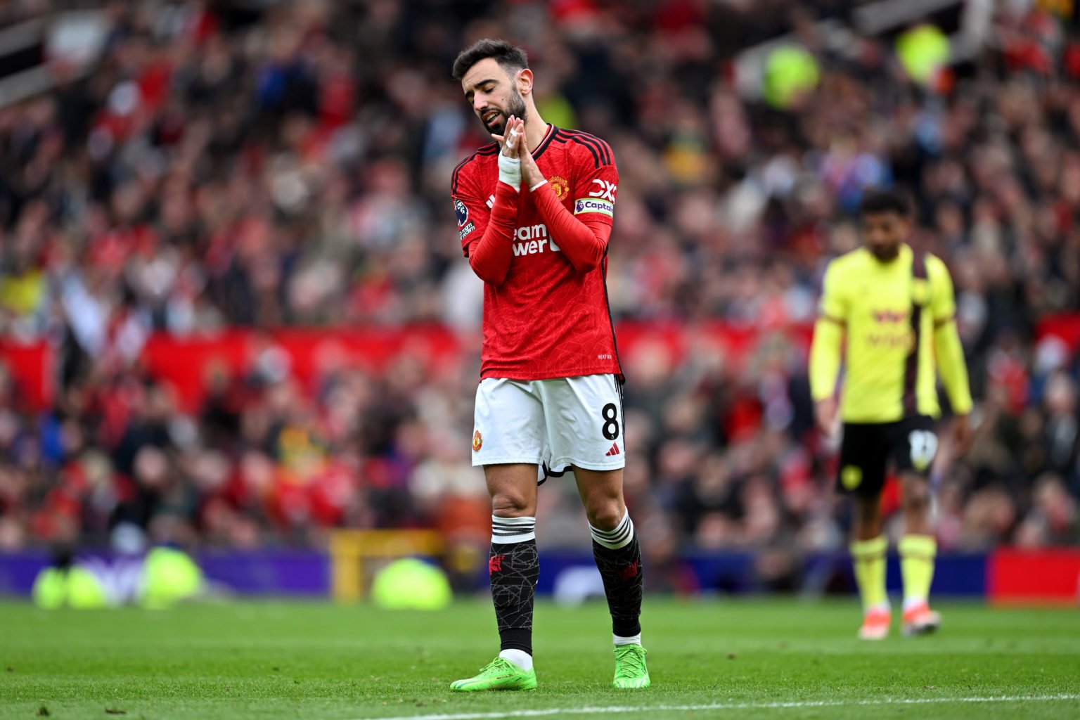 Bruno Fernandes of Manchester United reacts during the Premier League match between Manchester United and Burnley FC at Old Trafford on April 27, 2...