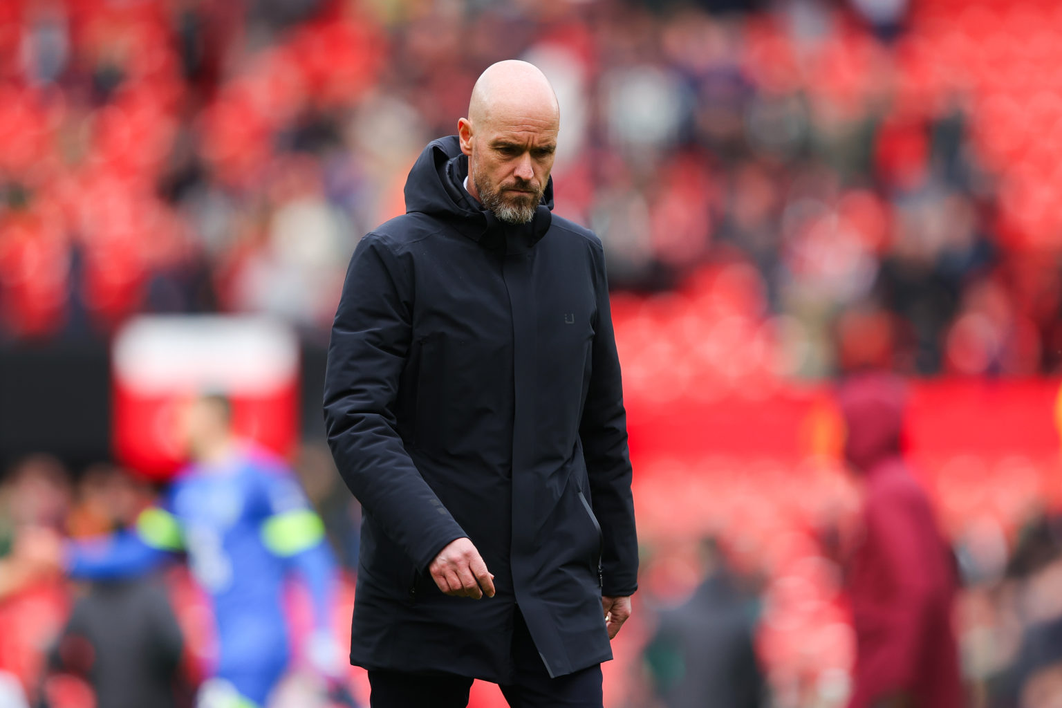 Erik ten Hag, manager of Manchester United, looks dejected as he leaves the pitch at full-time during the Premier League match between Manchester U...