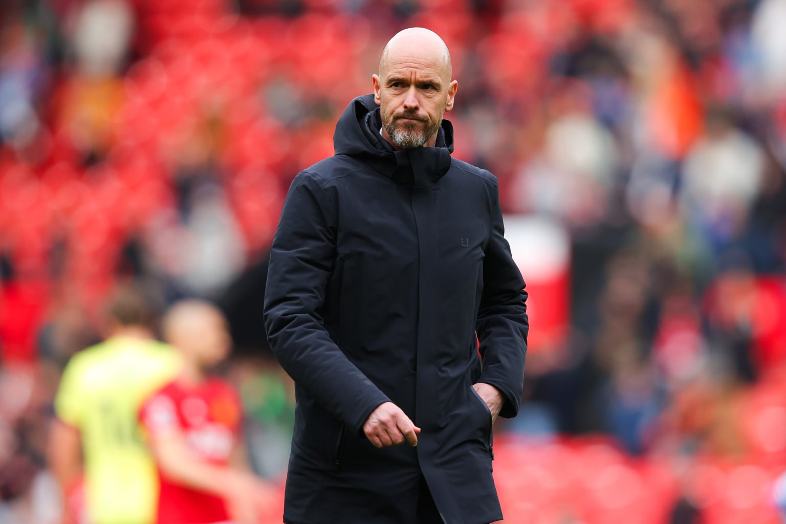 Erik ten Hag, manager of Manchester United, looks dejected as he leaves the pitch at full-time during the Premier League match between Manchester U...