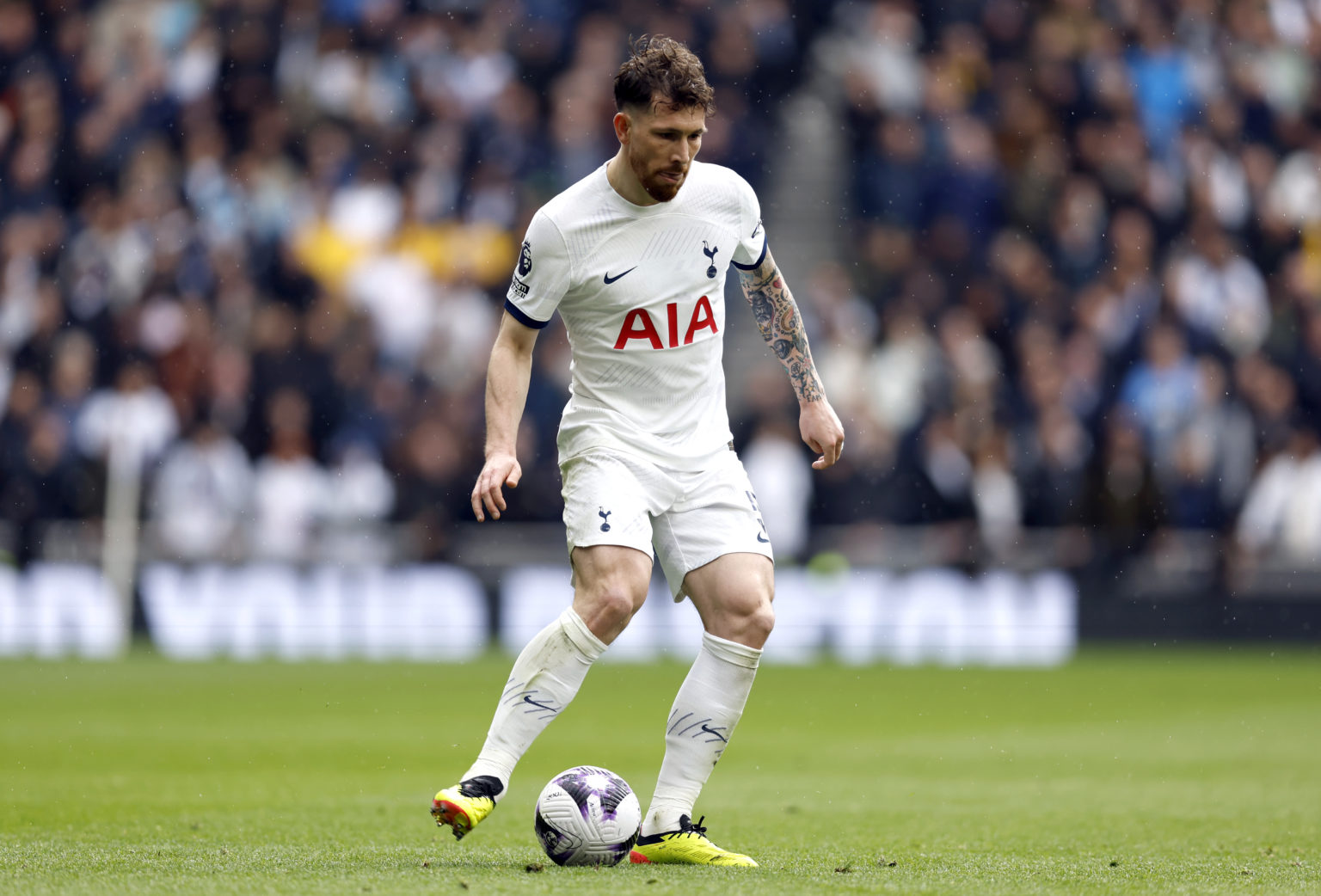 Pierre-Emile Hojbjerg of Tottenham Hotspur on the ball during the Premier League match between Tottenham Hotspur and Arsenal FC at Tottenham Hotspu...